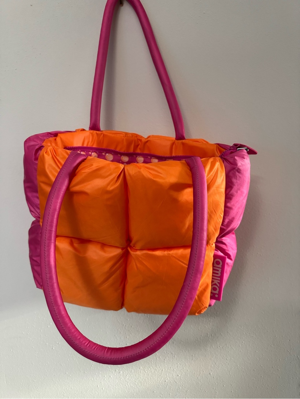 amika Hot Pink and Bright Orange Quilted Puffer Tote